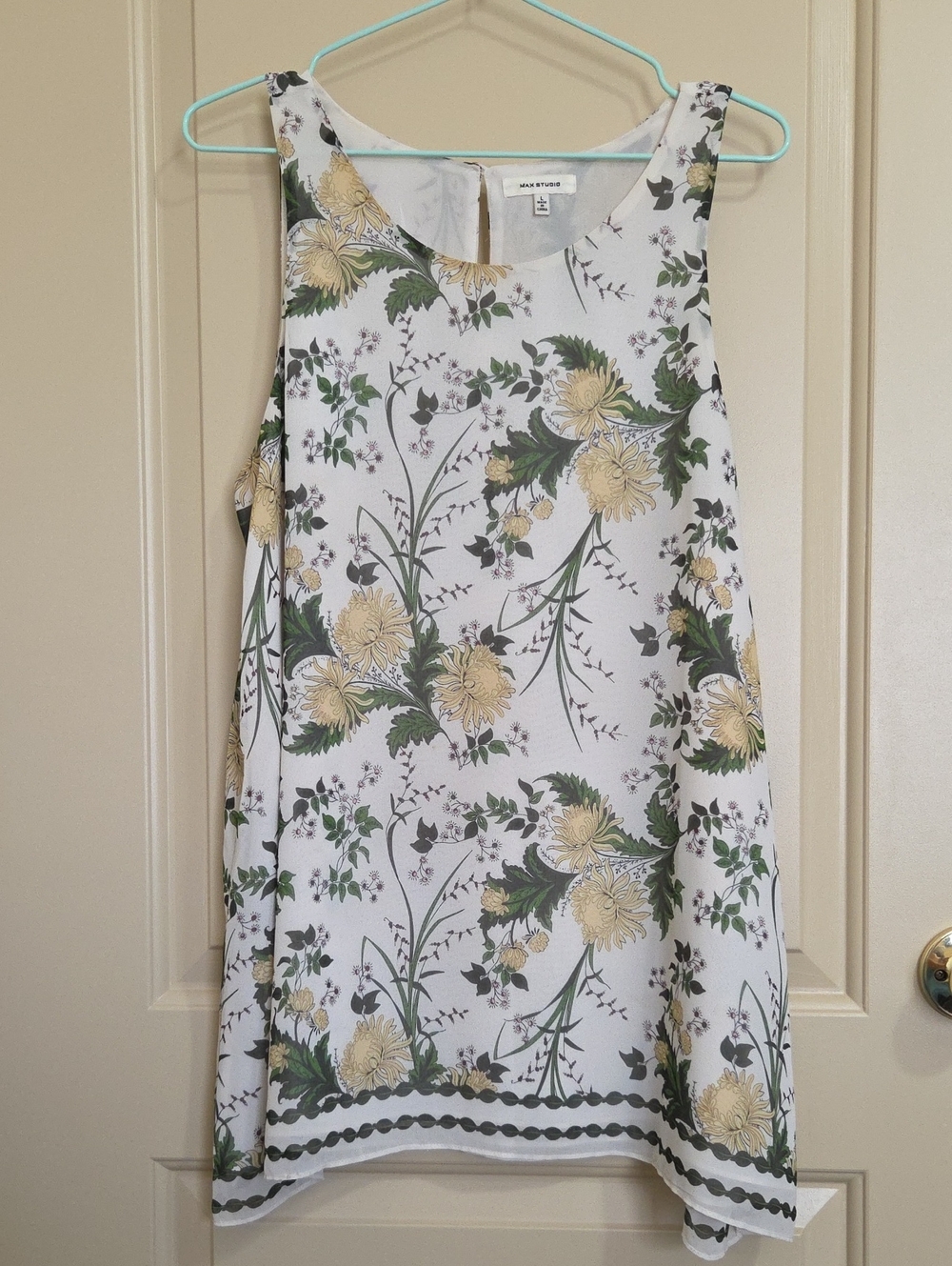 Max Studio White Floral Sleeveless Tank with Yellow and Green Print
